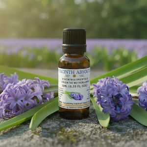 May include: A brown glass bottle of Hyacinth Absolut essential oil with a black cap, surrounded by purple hyacinth flowers and green leaves. The label indicates the origin is the Netherlands and contains 10ml (0.35 fl oz).