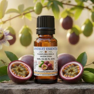 May include: A brown glass bottle of passionfruit essential oil with a black cap, surrounded by passion fruits, leaves, and flowers. The label reads "Passionfruit Essential" and "10ml (0.35 fl oz)".