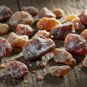 May include: A collection of irregular, translucent resin pieces in shades of amber, deep orange, and reddish-brown. Each piece features a dusty, matte white coating on its surface, highlighting the jagged, natural textures of the hardened sap.
