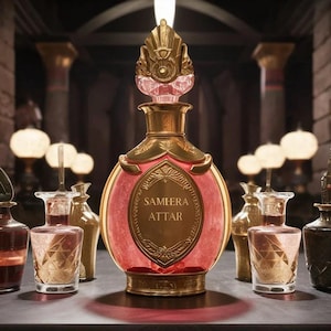 May include: An array of decorative perfume bottles, including a central bottle with the text "Samiera Attar". The bottles are in different shapes and colours, with gold detailing and elaborate designs. The background is a dimly lit room with decorative lamps.