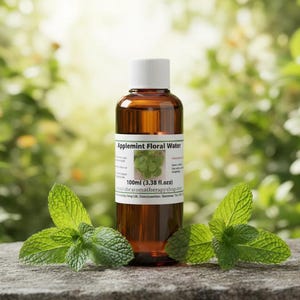 May include: A brown glass bottle of Applemint Floral Water with a white cap and label, displaying the text "Applemint Floral Water" and "100ml (3.38 fl.oz)". Fresh green mint leaves are in front of the bottle, with a blurred green background.