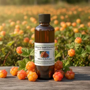 May include: A brown glass bottle with a black cap, labeled "Cloudberry Seed (Carrier Oil)" and a picture of cloudberries. The bottle is surrounded by orange cloudberries and green leaves, with a field of cloudberries in the background. The bottle contains 3.78 fl. oz.