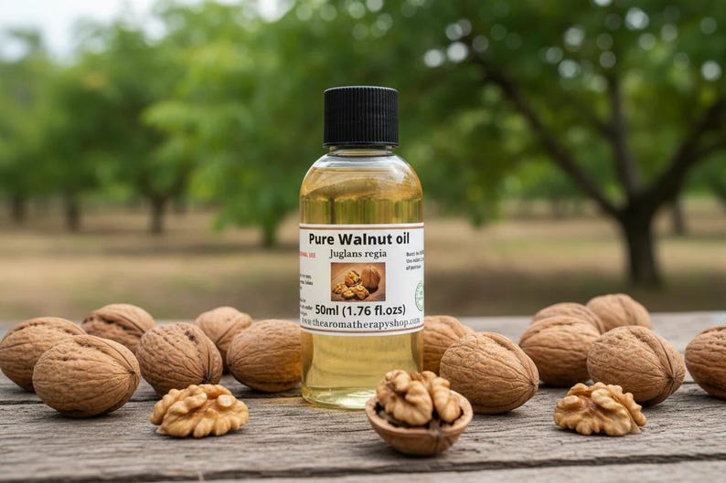 Pure Walnut Oil 50ml in natural orchard setting