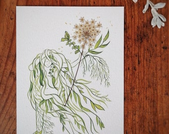 Carte postale Femme des marais - aquarelle, fleur séchée, papeterie, vert, green, nature, zen, correspondance, jardin, danse, carte