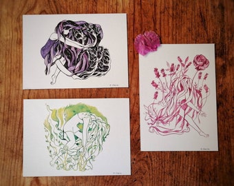 Postcard lot - collection Réveil Floral - Purple woman, light green woman, pink dancer woman, illustrations, nature, zen