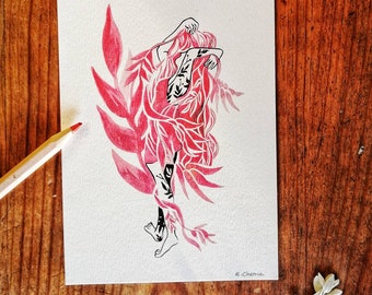 Postcard The Red Woman - illustration, stationery, woman, red, nature, zen, tattoo, watercolor, ink from China, dance
