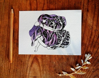 Postcard The purple woman - illustration, stationery, woman, purple, nature, zen, correspondence, garden, watercolor, dance