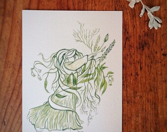 Carte postale Célébrons la nature -  illustration, papeterie, vert, green, nature, zen, correspondance, jardin, aquarelle, danse, carte