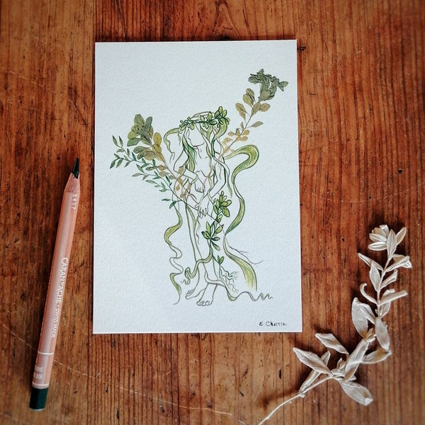 Carte postale Femme végétale aux racines vertes, peinture aquarelle et incrustations plantes séchées, papeterie, zen, jardin, danse