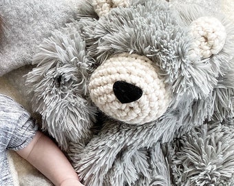 Gray bear lovey plush baby blanket, toting soft crochet cuddle gift, gray woodland nursery decoration for new mom, fluffy teddy, fun gift