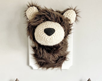 Faux Fur Bear Head Wall Mount: Crochet Accents, Woodland Nursery Decor