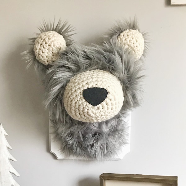 Gray Bear Wall Mount with Faux Fur and Crochet for Nursery