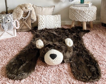 Grizzly Bear Rug, Brown Faux Fur, Woodland Nursery Décor