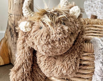 Highland Cow Lovey, Soft plush baby gift, unique animal stuffie for nursery decor, brown cow farm animal toting stuffed animal, little cow