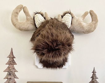 Moose Plush Wall Mount with Faux Fur for Woodland Nursery