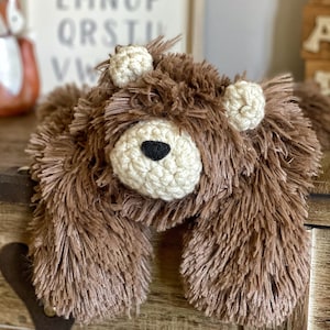 Brown Bear Lovey with Faux Fur and Crochet Accents for Nursery