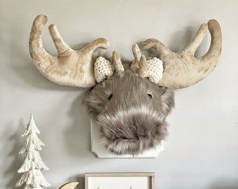 Plush Gray Moose Wall Mount Nursery Decor | Decorative Woodland Stuffed Animal | Mountain Theme Nursery | Neutral nursery