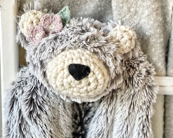 Gray Frosted Bear Lovey - Big Lovey - ClaraLoo Woodland Nursery Decor - Plush Faux Fur Baby Blanket