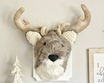 Plush Gray Deer Wall Decor - Faux Taxidermy Woodland Nursery By ClaraLoo Creations