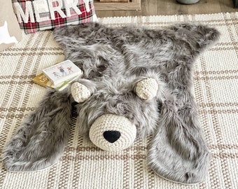 Woodland animal nursery decor. Woodland nursery bear rug. Luxury gray fur bear gift for new mom. Best baby shower gift. ClaraLoo Creations