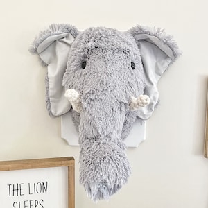 Faux Fur Elephant Head Wall Mount: Crochet Tusks, Safari Nursery Decor