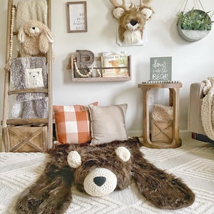 Brown Bear Rug in Faux Fur for Forest Nursery Decor