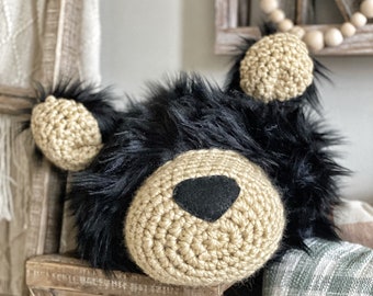 Animal head pillow for woodland nursery decorating, black bear cabin decor, fluffy fox plush, woodland nursery decor, lake kid room present