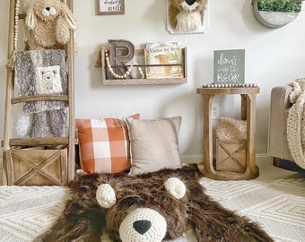 Brown Bear Rug in Faux Fur for Forest Nursery Decor