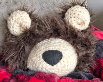 Grizzly Bear Pillow: Faux Fur Woodland Nursery Decor