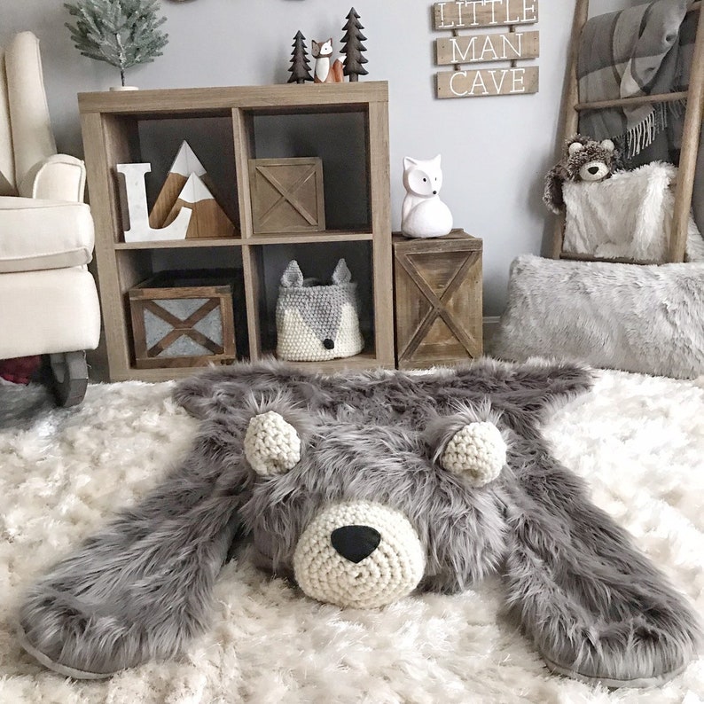 Woodland Nursery Bear Rug Regular Grey Grizzly Bear Rug Etsy
