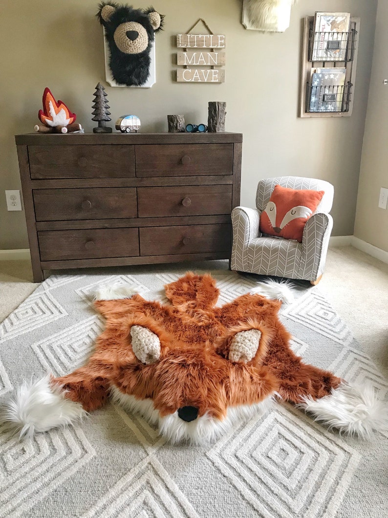 Fox rug, Faux fox rug, woodland camping nursery, Fox Baby room decor,  animal play mat 