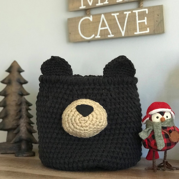 Black Bear Basket Crochet | Woodland Nursery Basket Decor