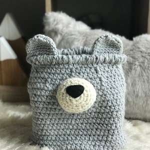 Grey Bear Basket, Crochet Basket, decorative bin ClaraLoo Creations