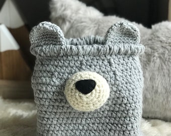 Grey Bear Basket, Crochet Basket, decorative bin ClaraLoo Creations