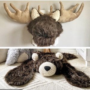 COMBINED - Plush Moose Wall Decor AND Regular size Brown Grizzly Bear Rug- Woodland Nursery By ClaraLoo Creations