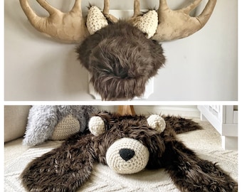 COMBINED - Plush Moose Wall Decor AND Regular size Brown Grizzly Bear Rug- Woodland Nursery By ClaraLoo Creations