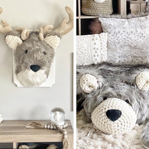 COMBINED - Gray Plush Deer Wall Decor AND Regular size Grey Grizzly Bear Rug- Woodland Nursery By ClaraLoo Creations