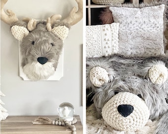 COMBINED - Gray Plush Deer Wall Decor AND Regular size Grey Grizzly Bear Rug- Woodland Nursery By ClaraLoo Creations