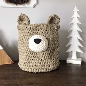 Tan Crochet Bear Basket, Woodland Nursery Decor