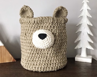 Tan Crochet Bear Basket, Woodland Nursery Decor