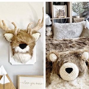 COMBINED - Plush Deer Wall Decor AND Regular size Cappuccino Grizzly Bear Rug- Woodland Nursery By ClaraLoo Creations