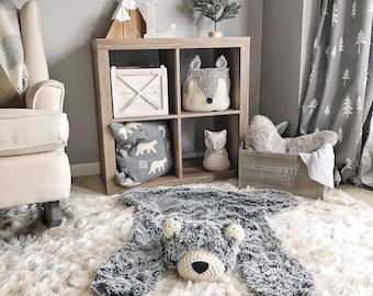 Gray Bear Rug in Faux Fur for Forest Nursery Decor