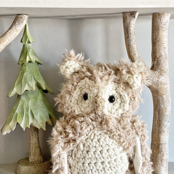 Small Handmade Owl Plush with Faux Fur for Woodland Nursery