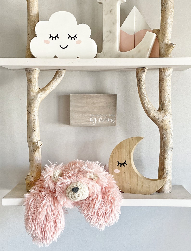 Pink Plush Bear sitting on a wall shelf next to a moon and cloud
