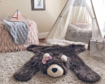 Brown Bear Rug in Faux Fur for Adventure Nursery Decor