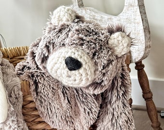 Crochet Bear Lovey in Brown Faux Fur for Woodland Nursery