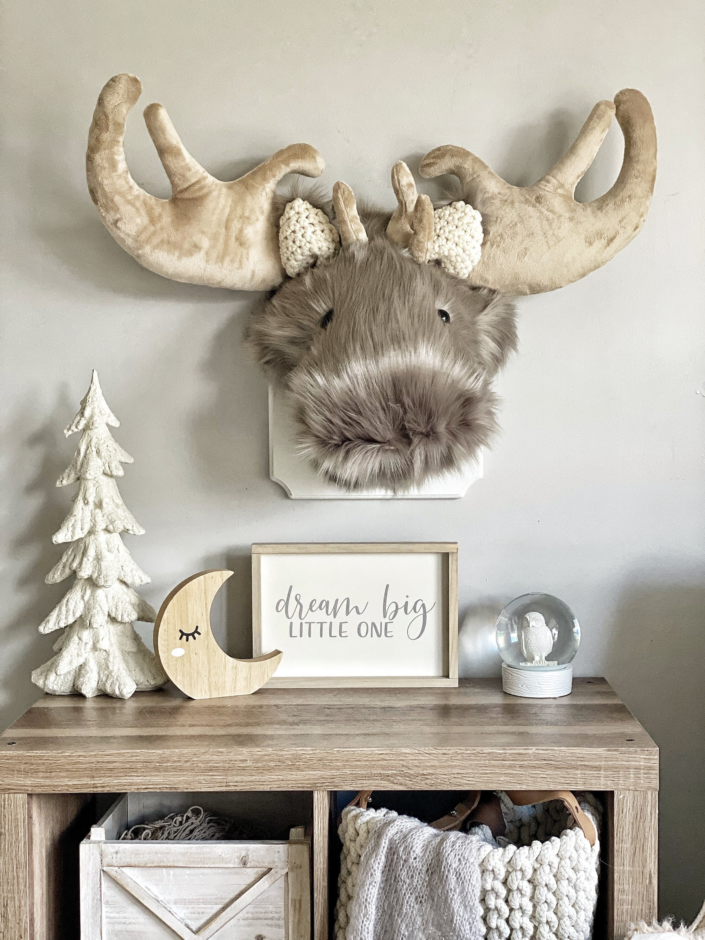 Plush Gray Moose Wall Mount Nursery Decor | Decorative Woodland Stuffed Animal | Mountain Theme Nursery | Neutral nursery