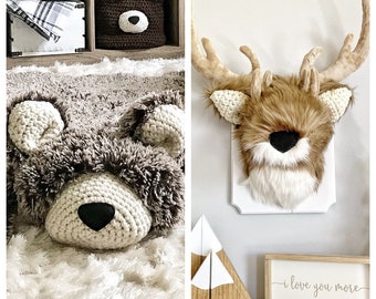 COMBINED - Plush Deer Wall Decor AND Regular size Brown Frosted Minky Bear Rug- Woodland Nursery By ClaraLoo Creations