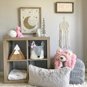 Gray Fox Basket with Pink Bow | Crochet Fox Basket | Nursery Decor | Woodland Room Design