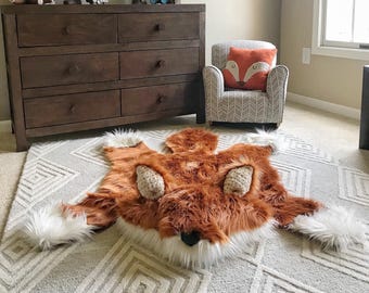 Orange Fox Rug in Faux Fur for Woodland Nursery Decor